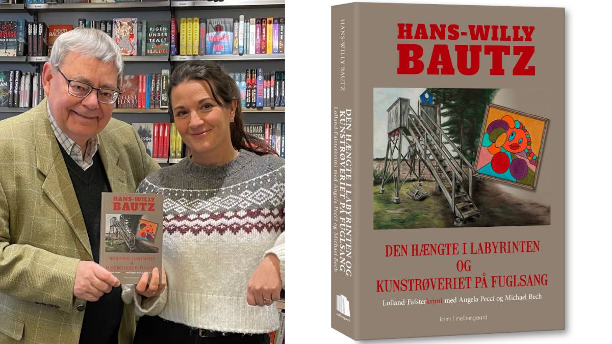 Krimiforfatteren Hans-Willy Bautz fra Haslev signerer sin Lolland-Falsterkrimi ”Den hængte i labyrinten & Kunstrøveriet på Fuglsang” i Bog & Idé i Vordingborg og hos Tissot & Koch i Præstø. Forfatteren ses her sammen med Birgitta Kristina Ingmarsdatter Carlberg fra Faxe, der har tegnet motivet på bogens forside samt forfatterportrættet bag i bogen. (Privatfoto)