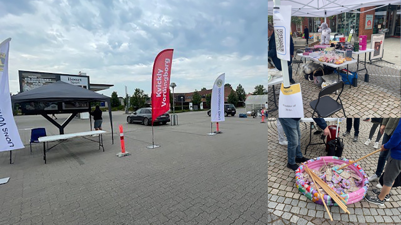 På billederne vises en tom p-plads, som gerne skulle fyldes med en masse kræmmere og en masse folk som vil købe og så kan man naturligvis besøge Tombola og Fiskedam og der igennem støtte det gode Lions formål
